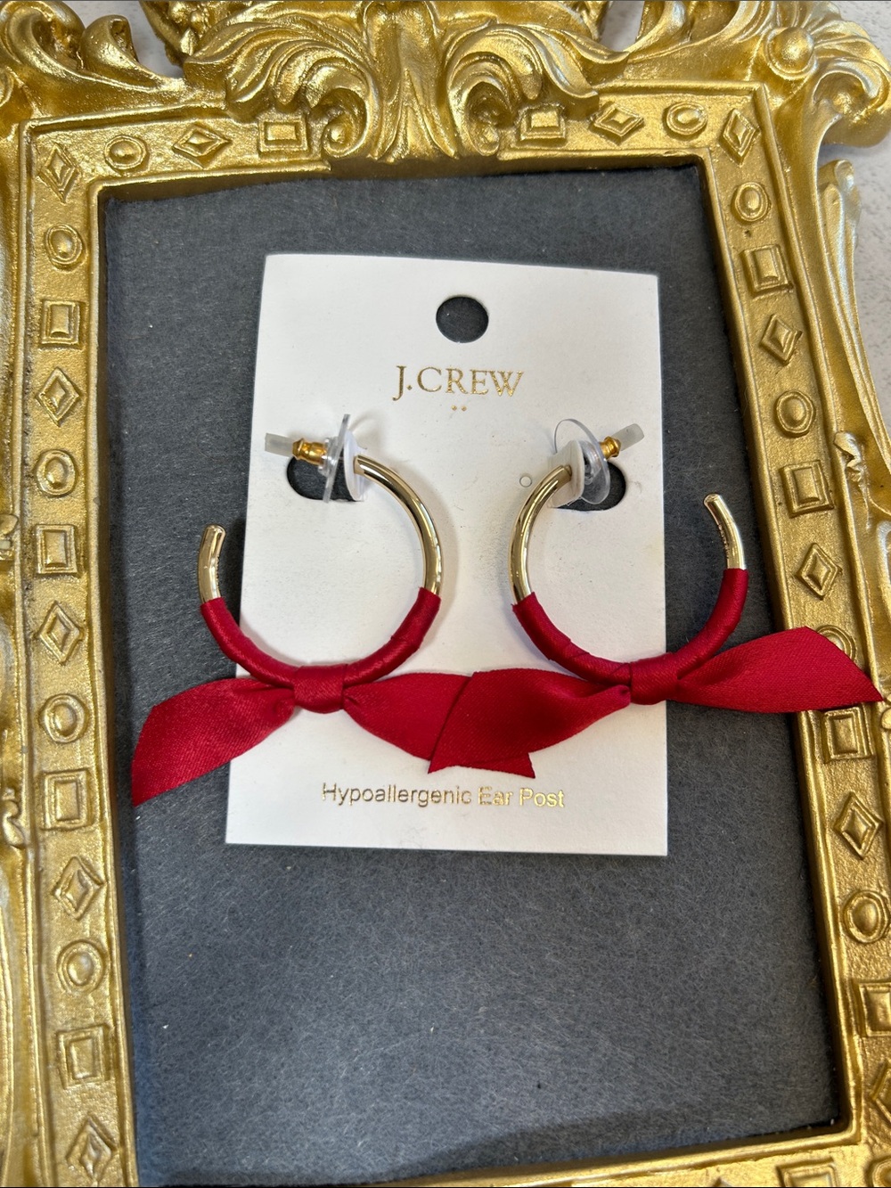 J. Crew Gold Hoop Earrings with Red Ribbon Ties - Picture 4 of 6